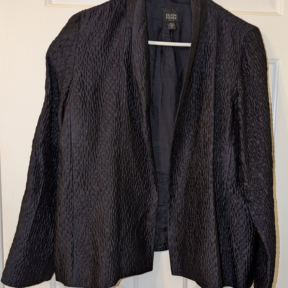 EILEEN FISHER Black Silk Textured Open-Front Jacket
